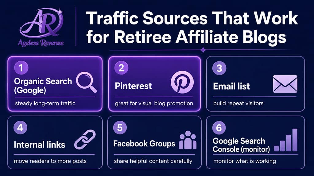 Six traffic sources for affiliate blog retirees organic search Pinterest email internal links Facebook
