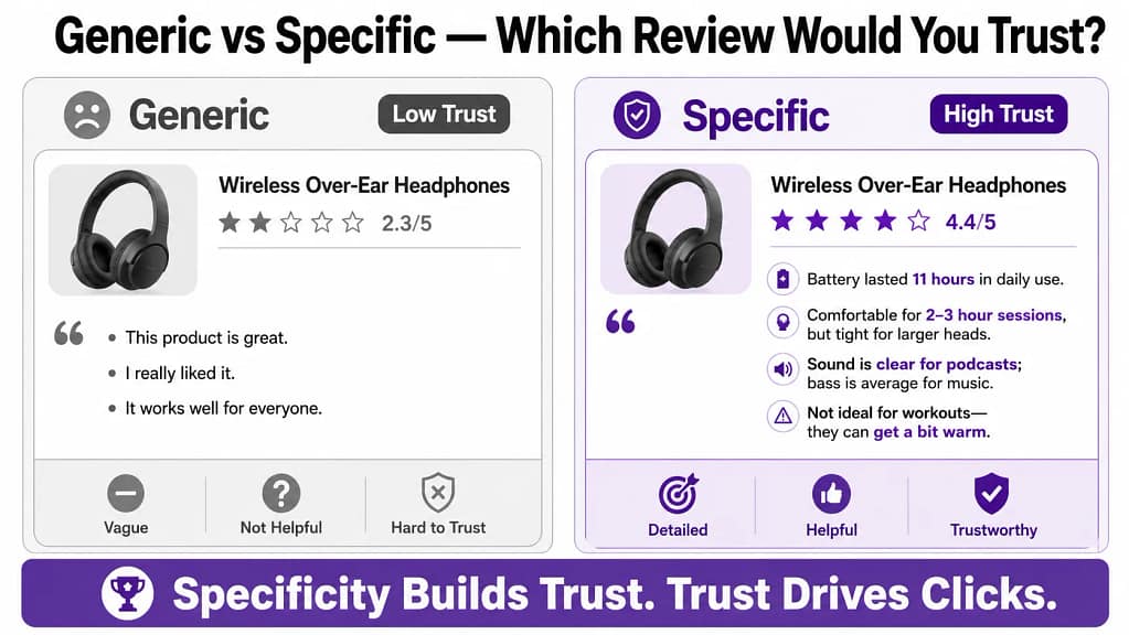 Affiliate product review before and after — generic vs specific trust-building example