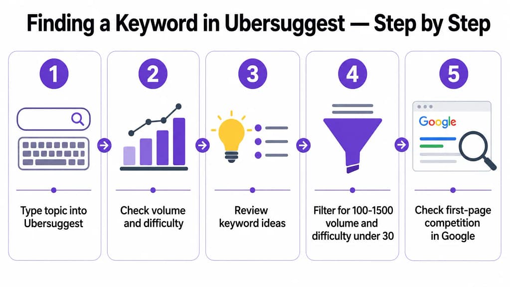 Keyword research for beginners — Ubersuggest worked example finding low competition keywords