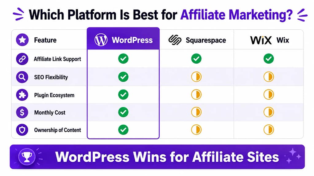 WordPress vs Squarespace vs Wix for affiliate marketing — comparison for beginners
