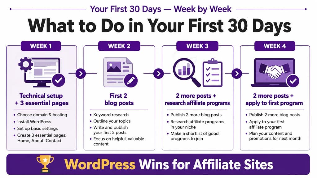 First 30 days affiliate blog plan — week by week action plan for beginners