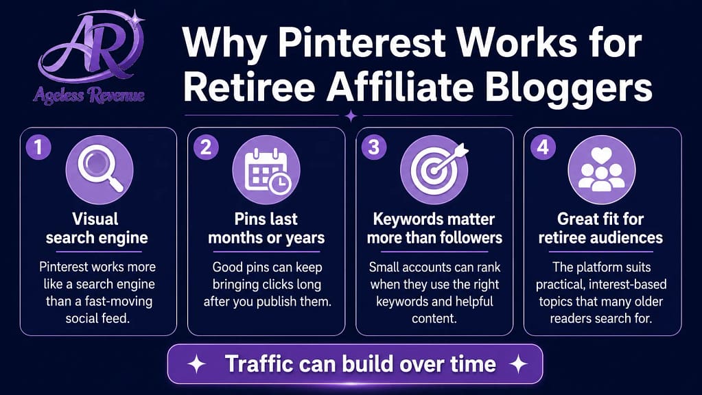 Pinterest affiliate blog traffic strategy retirees visual search engine pins last months