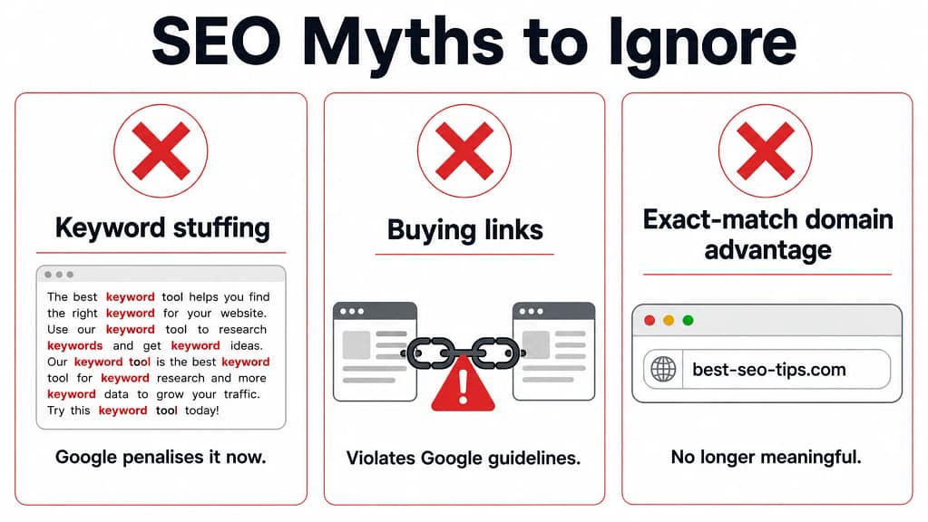 SEO myths affiliate marketers should ignore — keyword stuffing buying links exact match domains