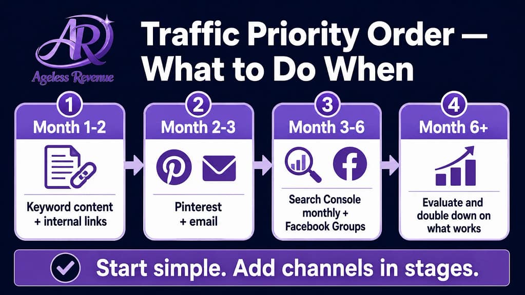 Traffic priority order affiliate blog retirees months 1 to 6 plus