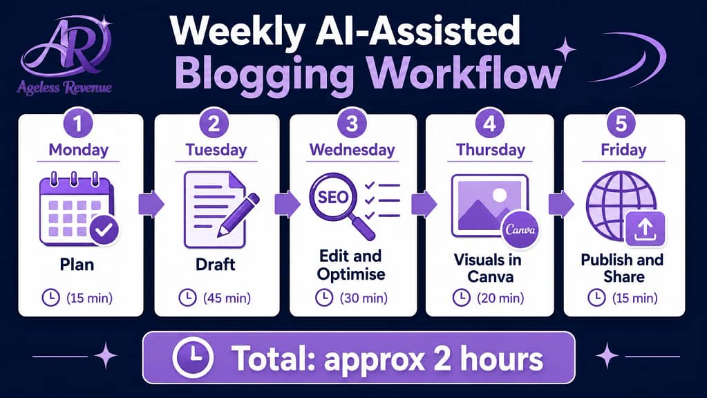 Weekly AI workflow retiree affiliate blogger Monday to Friday 2 hours per post