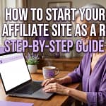 Smiling retiree woman in her 60s at a bright home desk with a laptop showing a simple website homepage on screen, looking confident and calm, representing starting a first affiliate site in 2026