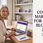 Smiling retiree woman at a bright home desk with a laptop, a simple content calendar on paper beside it, and a cup of tea, representing a content marketing strategy for retiree bloggers in 2026